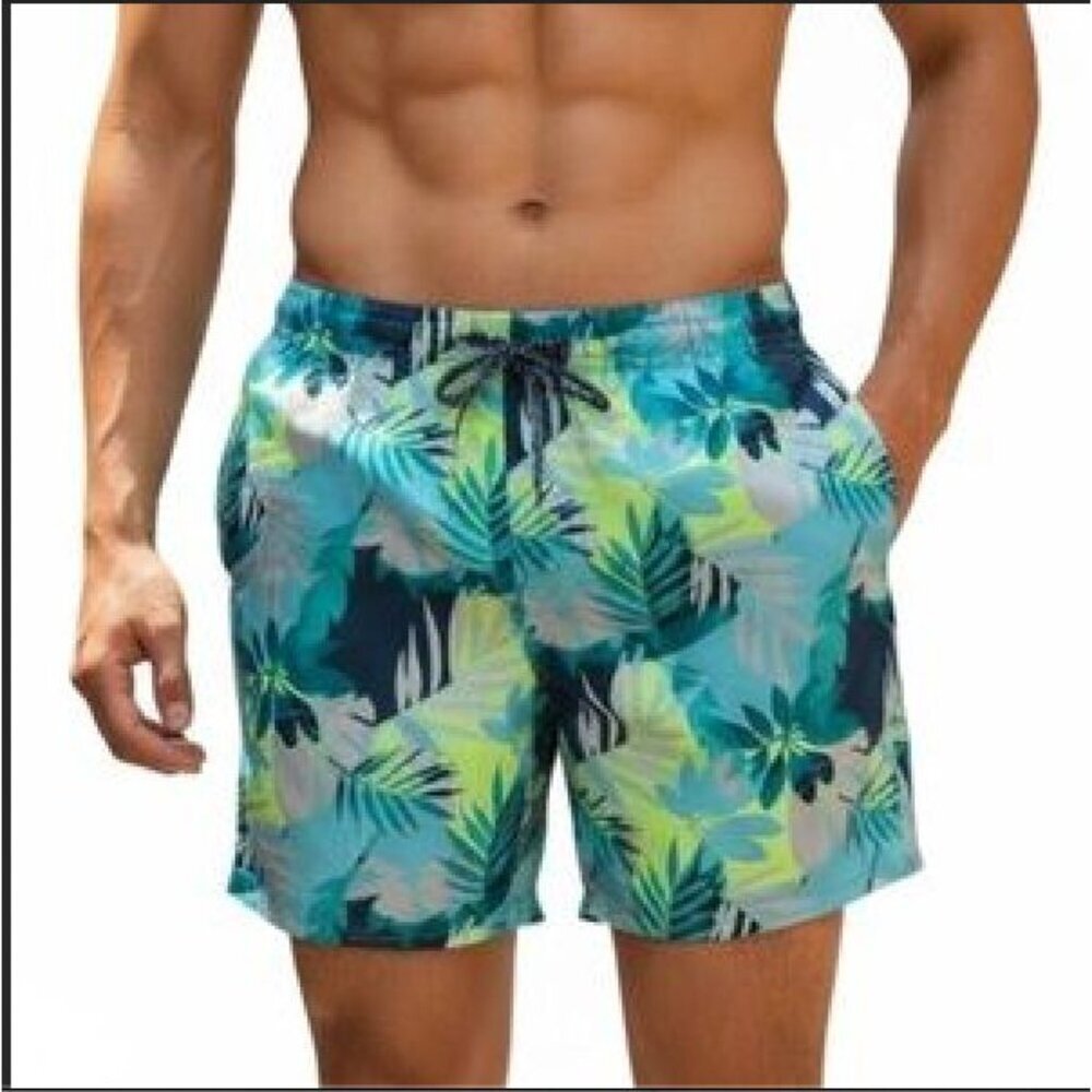 NWT Old Navy Blue Green Leaf Print 8" Inseam Swim Trunks Men's XL